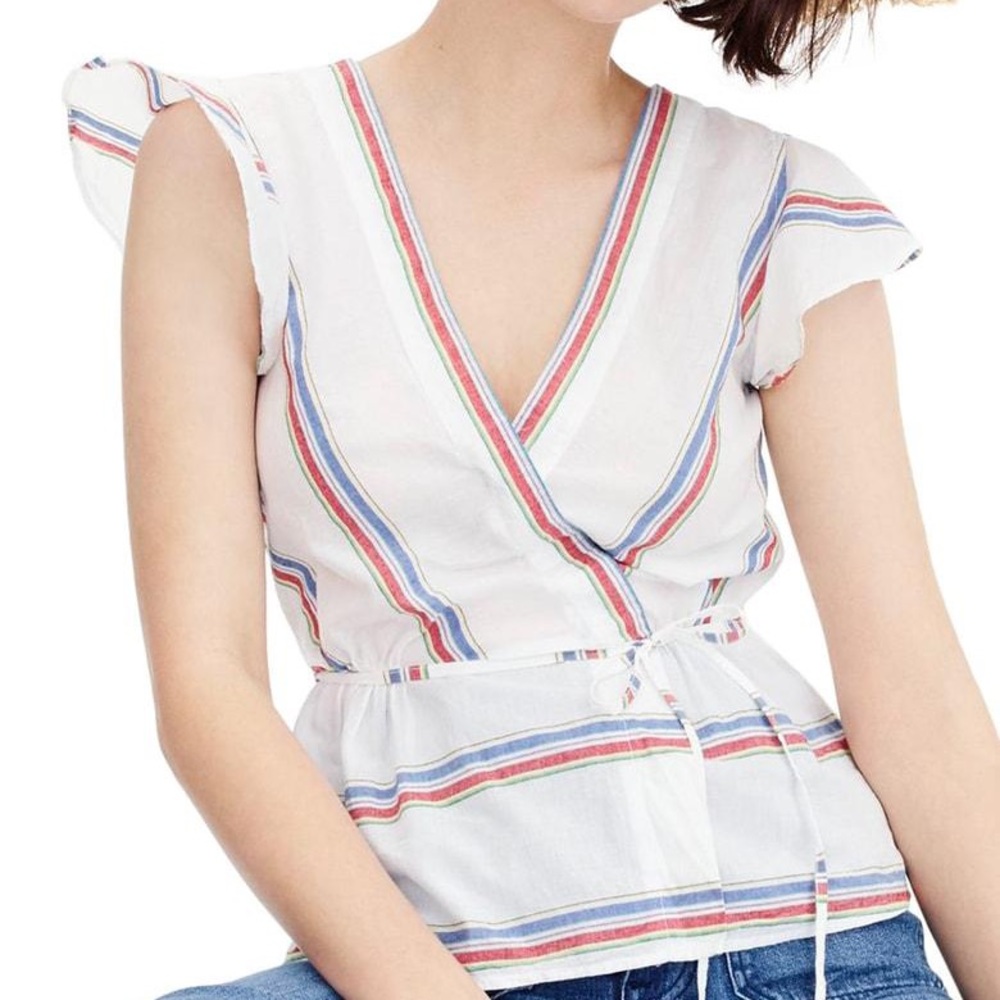 J Crew Flutter Sleeve Striped Wrap top